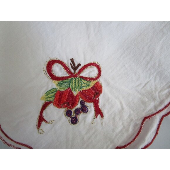 Vintage Embroidered Cotton Holiday Napkins Seven Festive Fruit Bow Design GUC - Picture 2 of 16